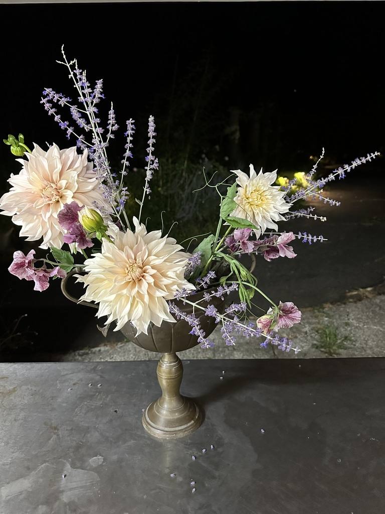 Dahlia arrangement in a pedestal vase