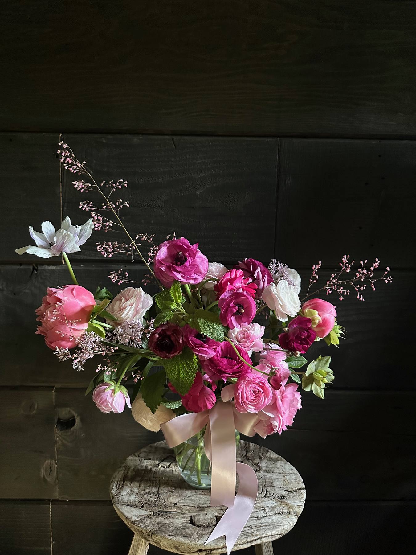 Pink custom bouquet with ribbon