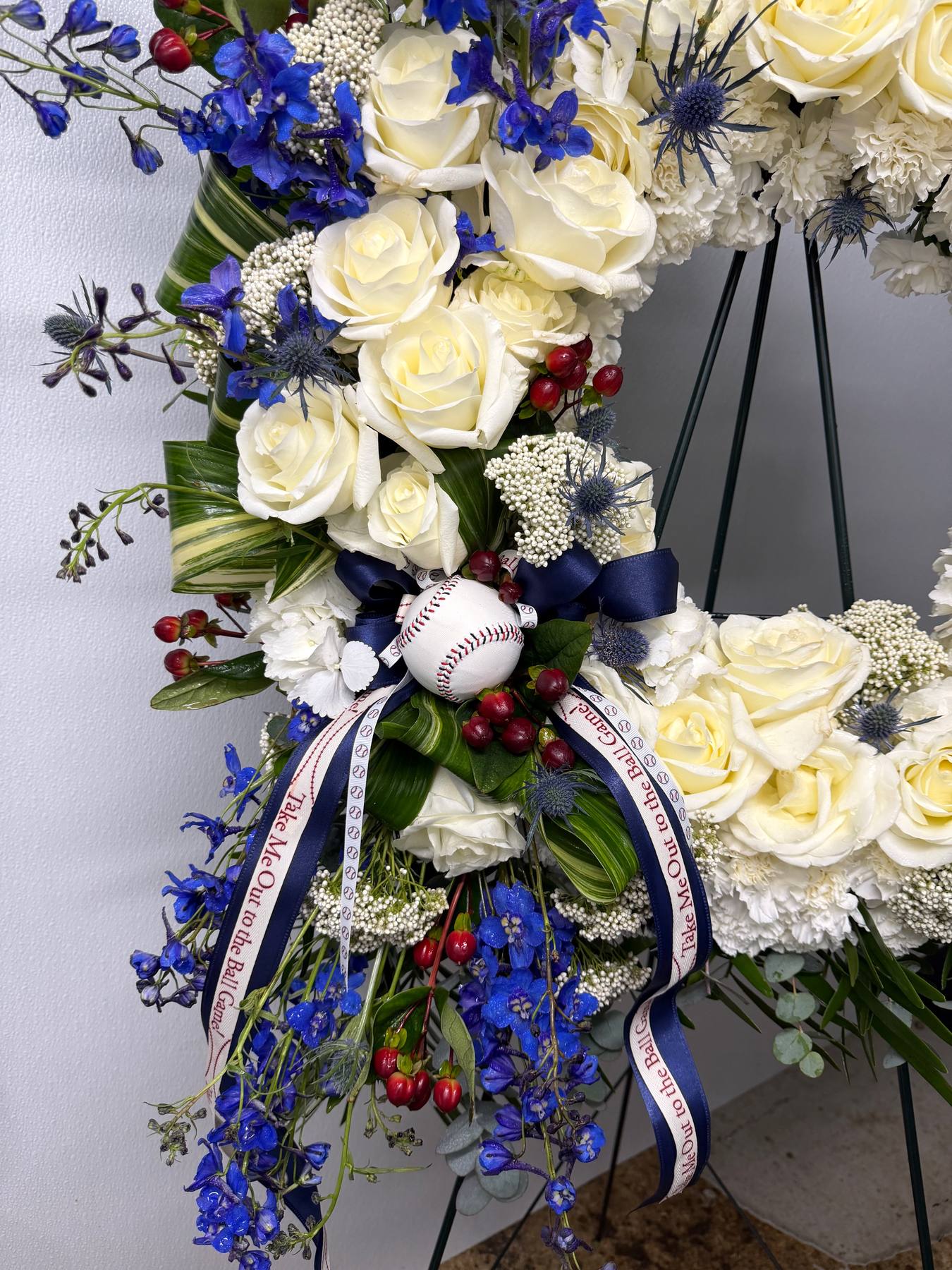 Baseball memorial floral tribute detail