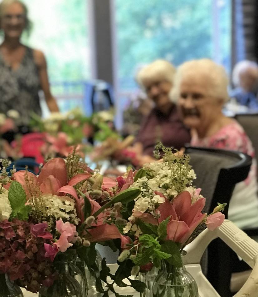 Flower arrangements during a workshop